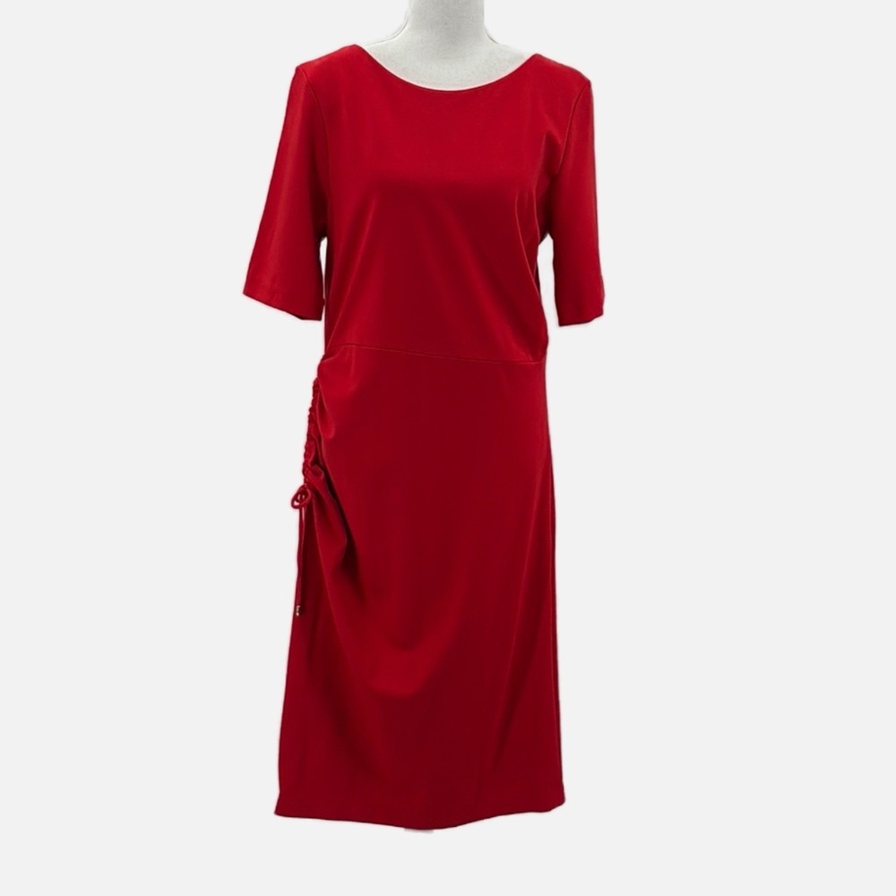 Escada Duquax Ruched Side Jersey Knit Shift Dress in Acrylic Red - Size 12 (US)